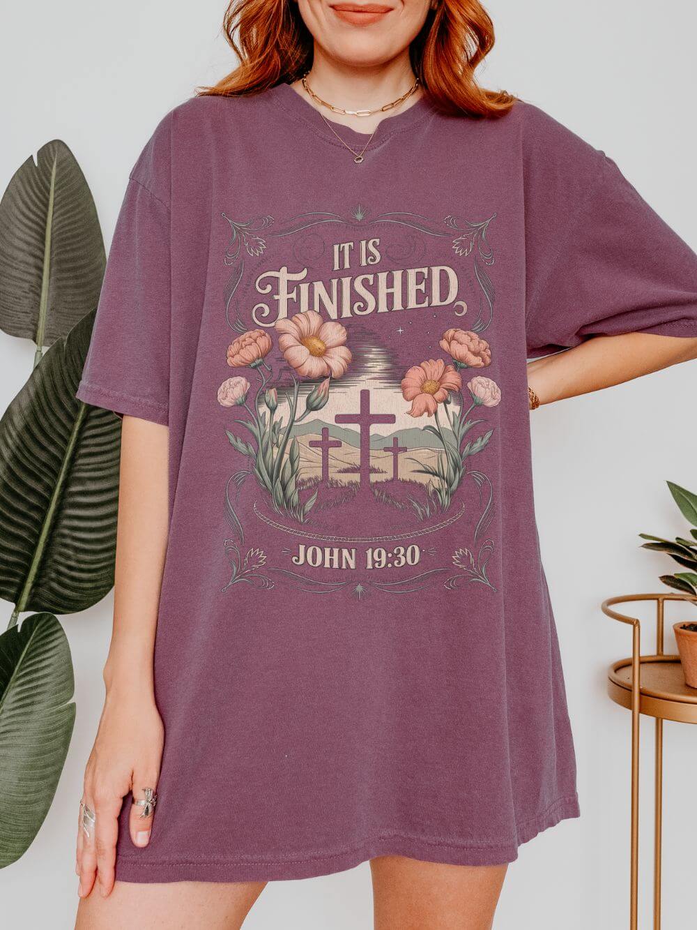 It Is Finished John 19:30 Christian Floral Cross T‑Shirt Unisex Distressed Tee
