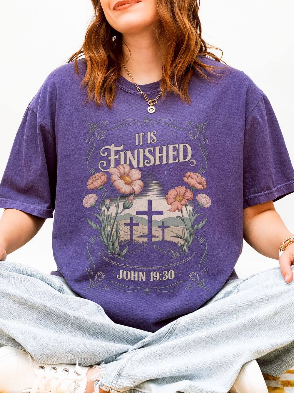 It Is Finished John 19:30 Christian Floral Cross T‑Shirt Unisex Distressed Tee