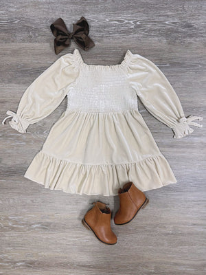 Ivory Puff Sleeve Smocked Girls Velvet Dress - Sydney So Sweet