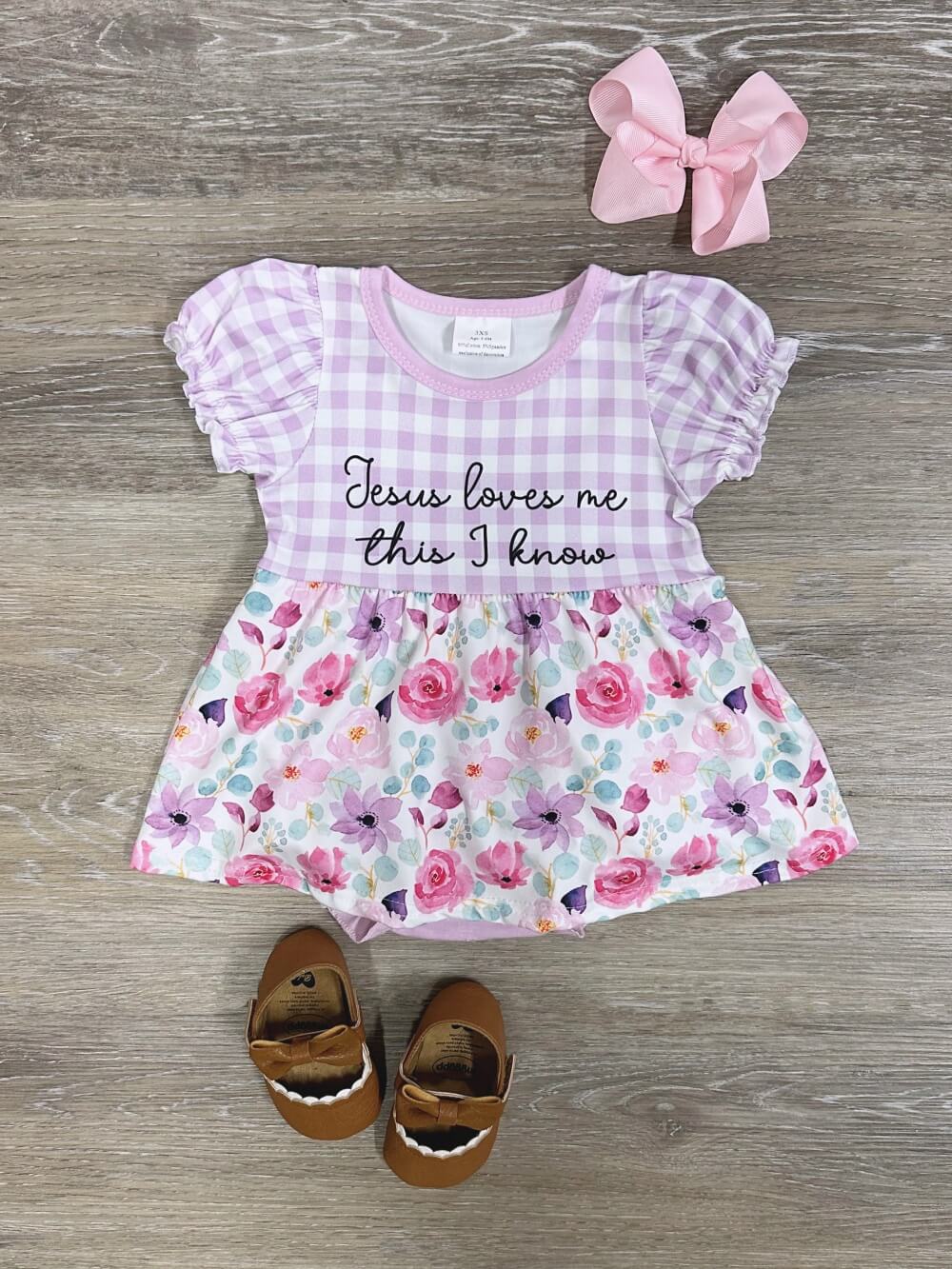 Jesus Loves Me Gingham & Floral Girls Baby Romper