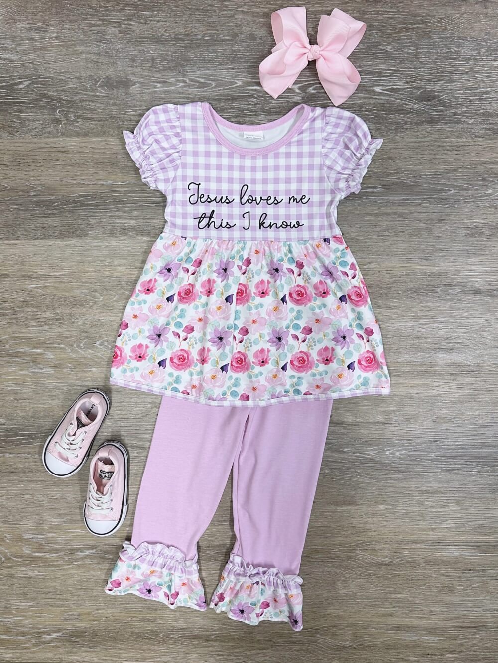 Jesus Loves Me Gingham & Floral Ruffle Girls Outfit