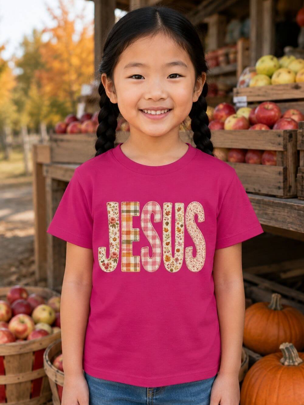 JESUS Floral Plaid Tee Kids Christian Graphic T-Shirt