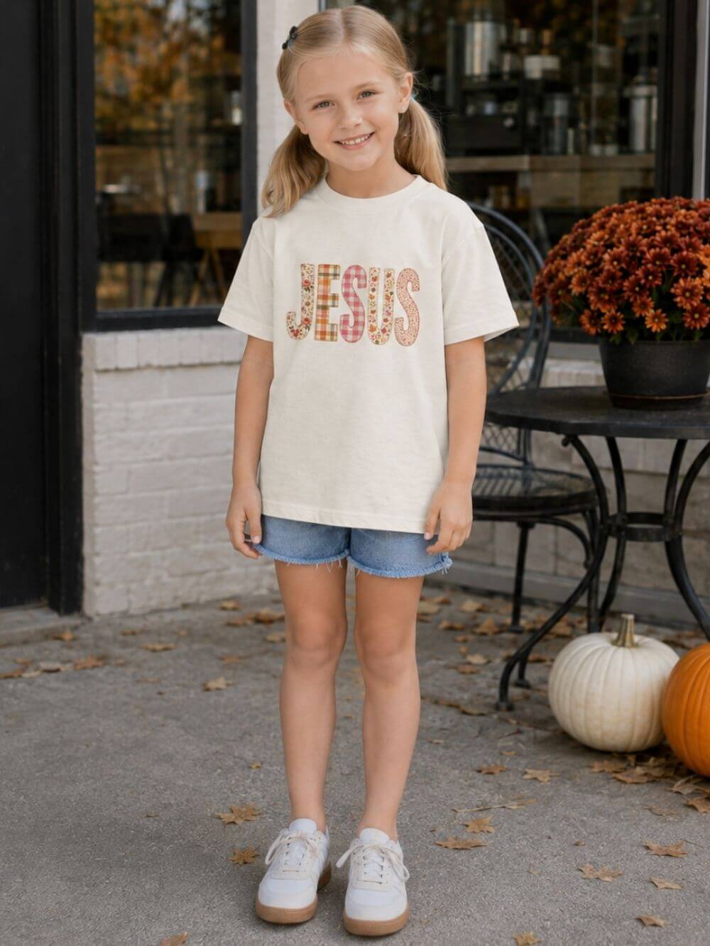 JESUS Floral Plaid Tee Kids Christian Graphic T-Shirt