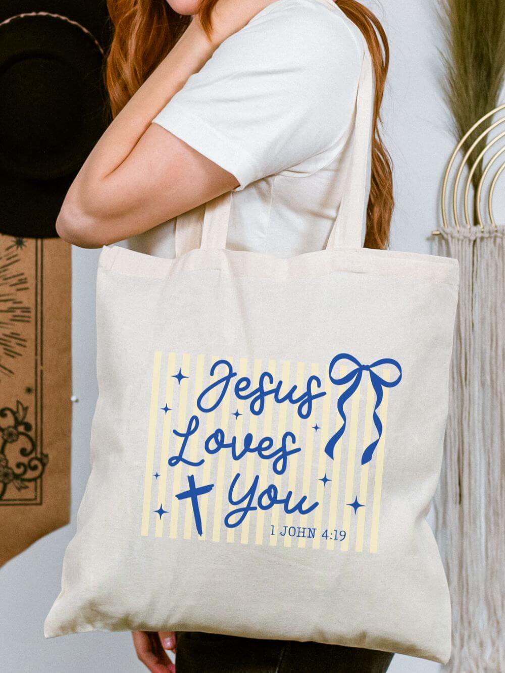 Jesus Loves You Cotton Canvas Tote Bag Faith Bible Study Tote