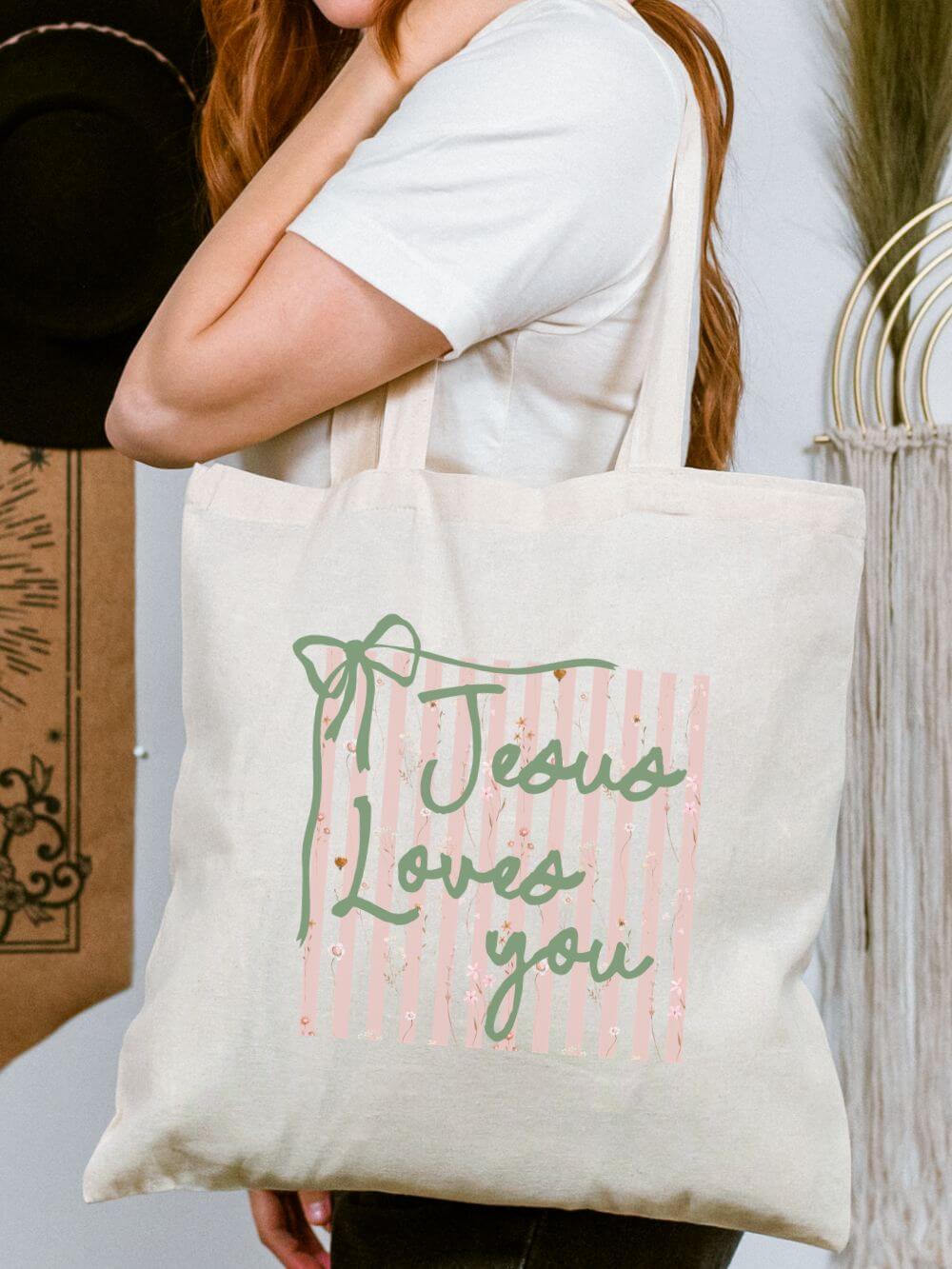Jesus Loves You Striped Cotton Canvas Tote Bag Faith-Inspired Grocery & Everyday Bag