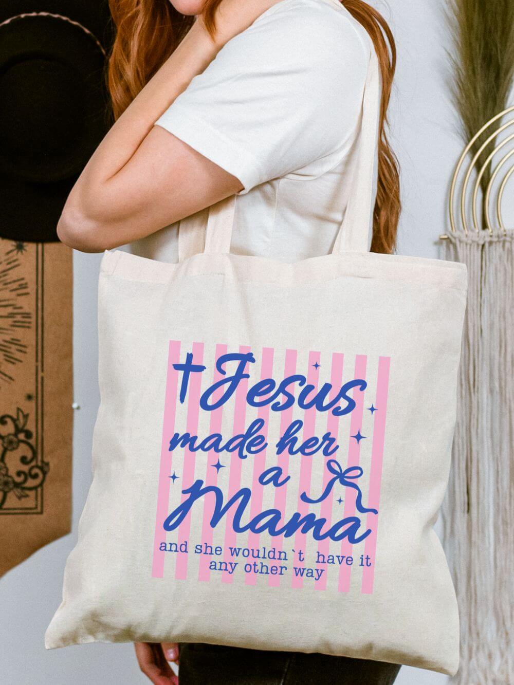 Jesus Made Her a Mama Cotton Canvas Tote Bag Christian Mom Gift