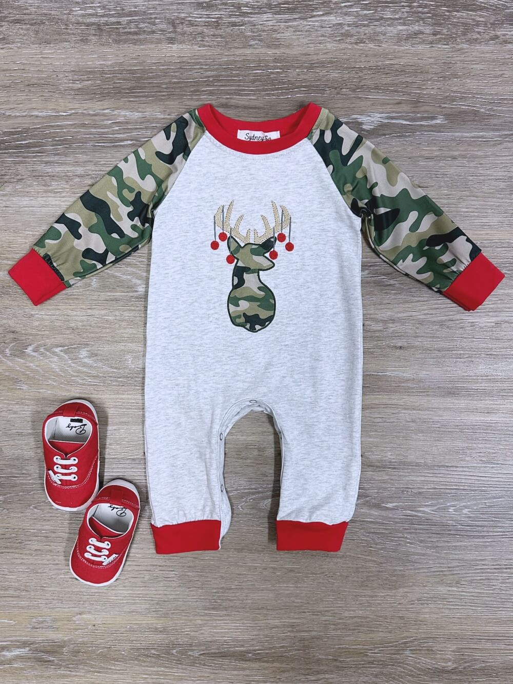 Jingle Deer Boys Camo Long Sleeve Baby Romper - Sydney So Sweet