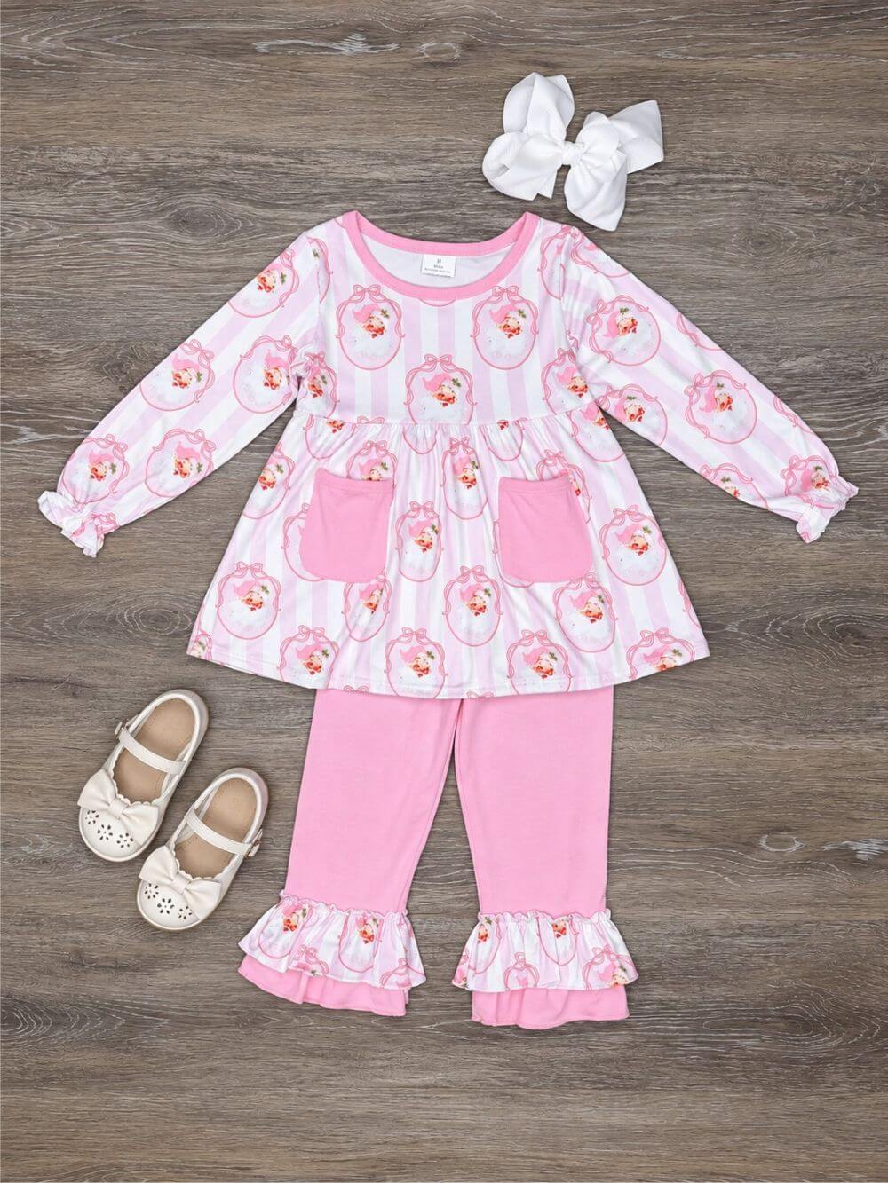 Jolly Pink Santa Girls Tunic Top & Ruffle Pants Outfit