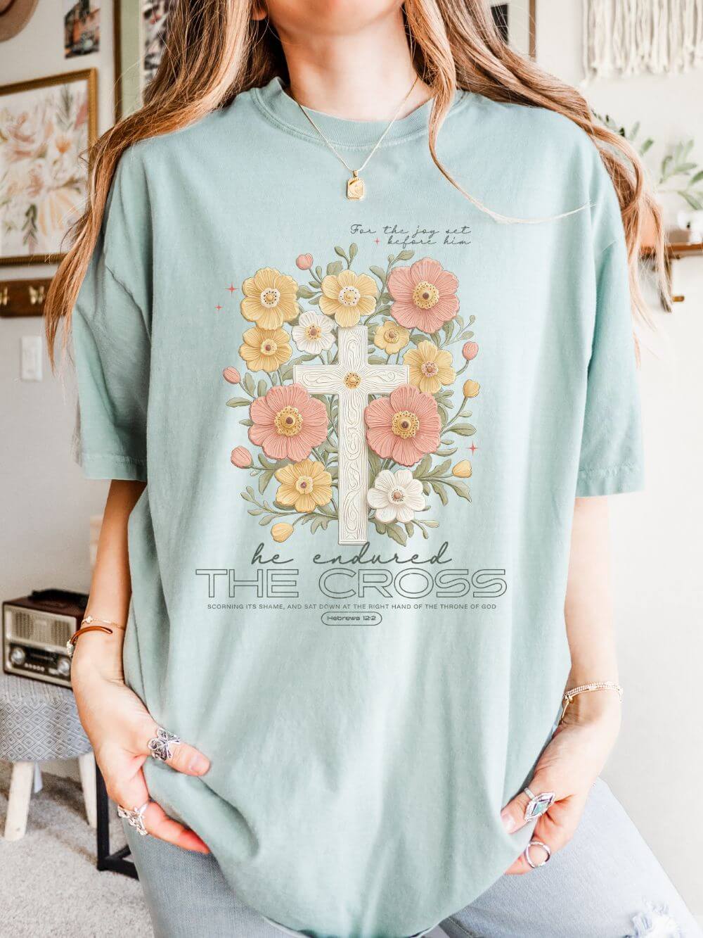 Joy Set Before Him Floral Cross T‑Shirt Christian Faith Graphic Tee