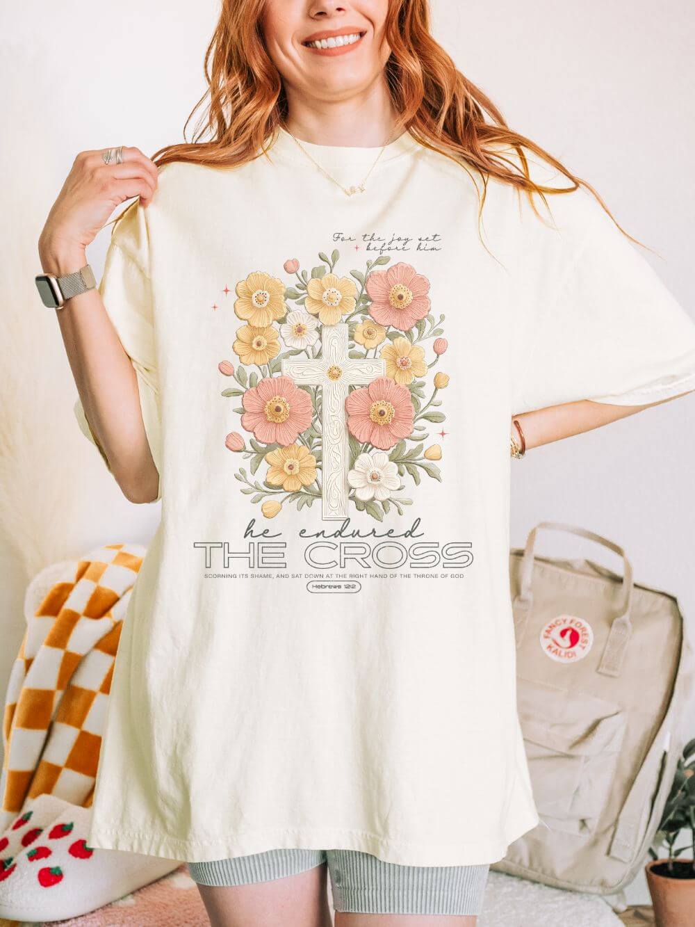 Joy Set Before Him Floral Cross T‑Shirt Christian Faith Graphic Tee