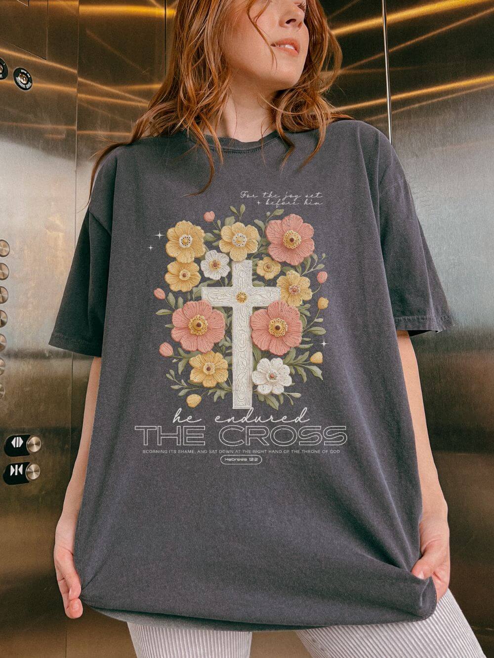 Joy Set Before Him Floral Cross T‑Shirt Christian Faith Graphic Tee