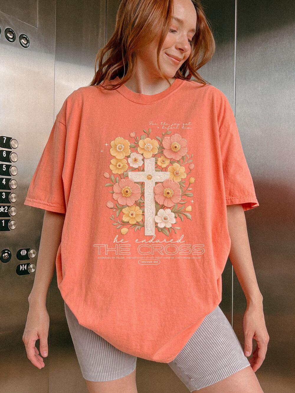 Joy Set Before Him Floral Cross T‑Shirt Christian Faith Graphic Tee