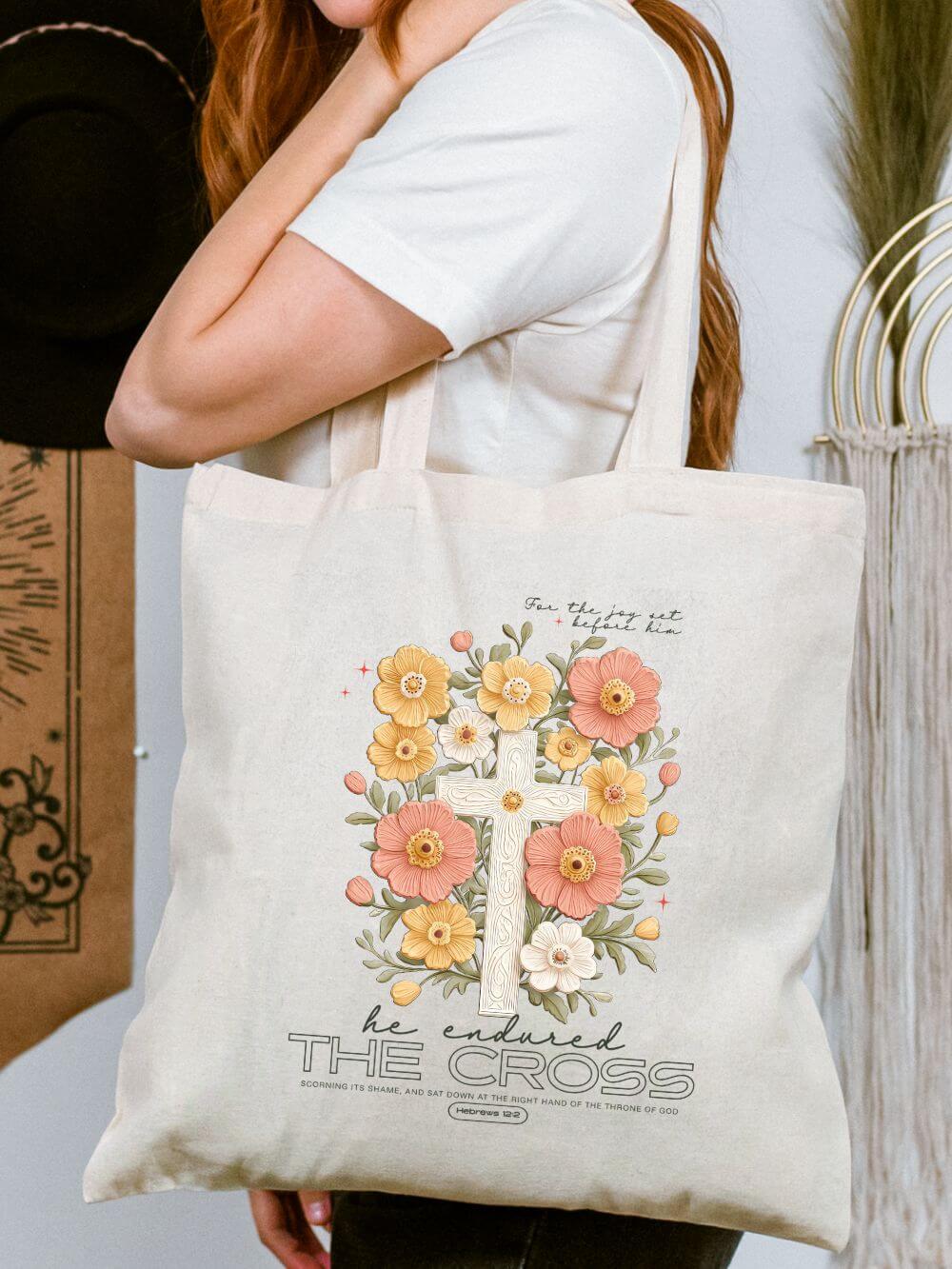 The Joy Set Before Him Floral Cross Christian Cotton Canvas Tote Bag