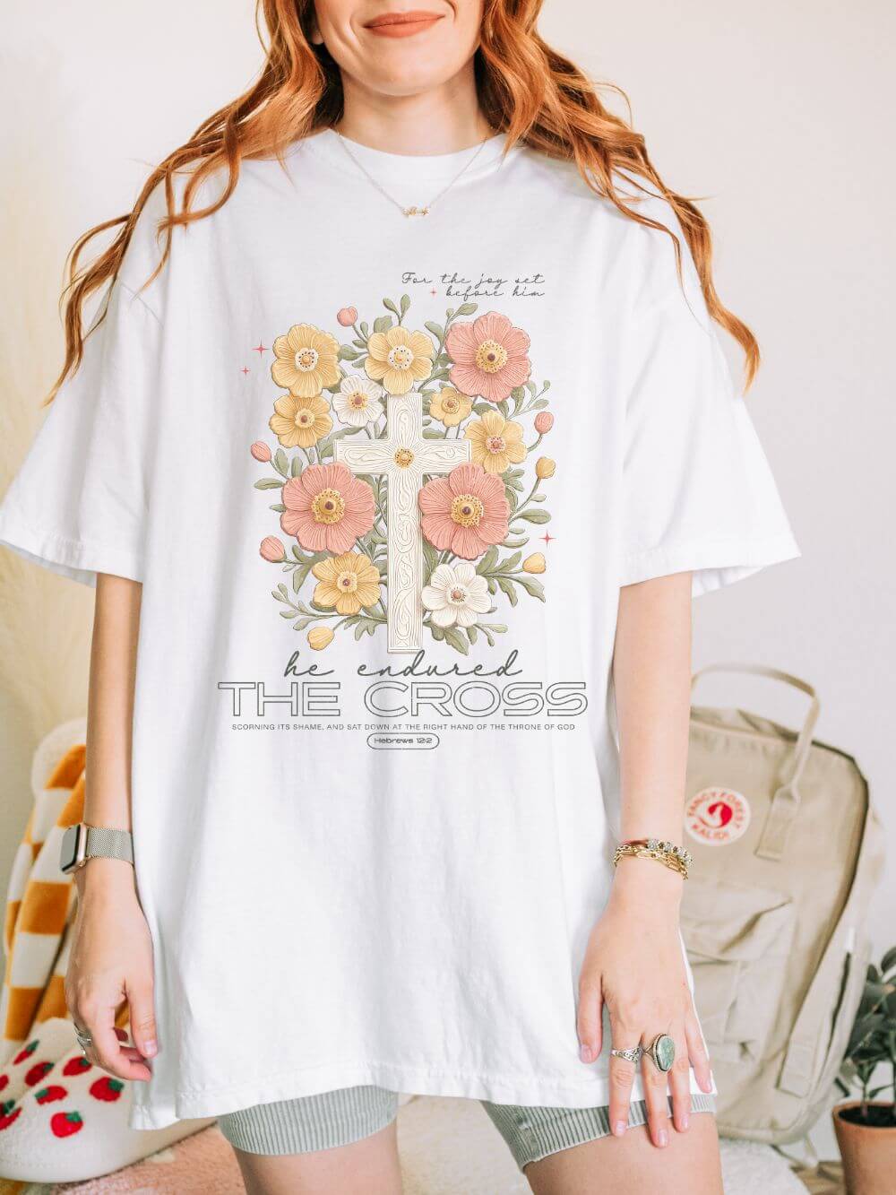 Joy Set Before Him Floral Cross T‑Shirt Christian Faith Graphic Tee