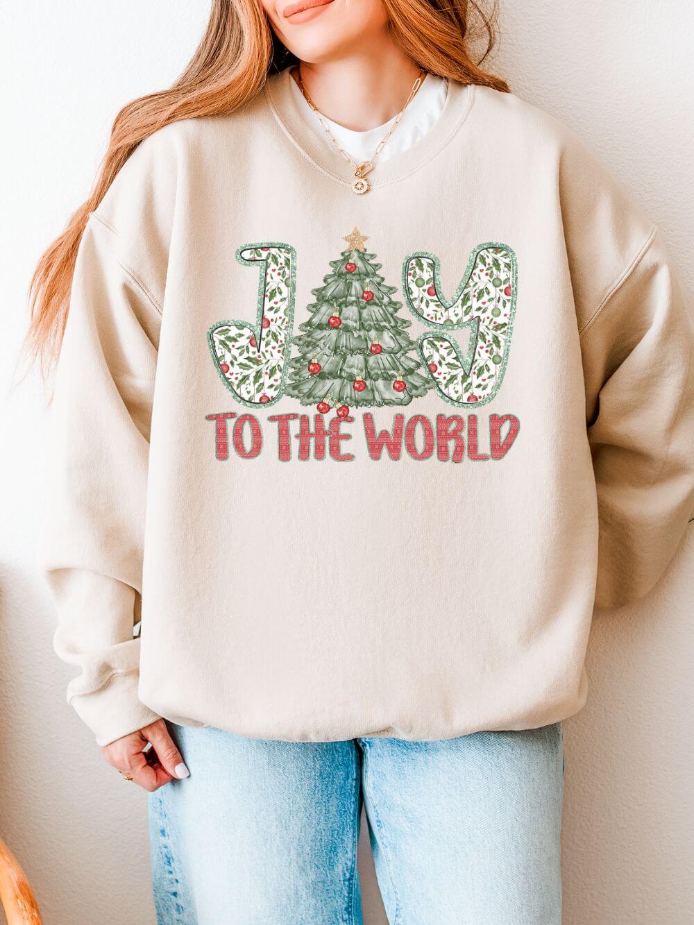 Joy to the World Heavy Blend Unisex Crewneck Cozy Christmas Tree Sweatshirt - Sydney So Sweet