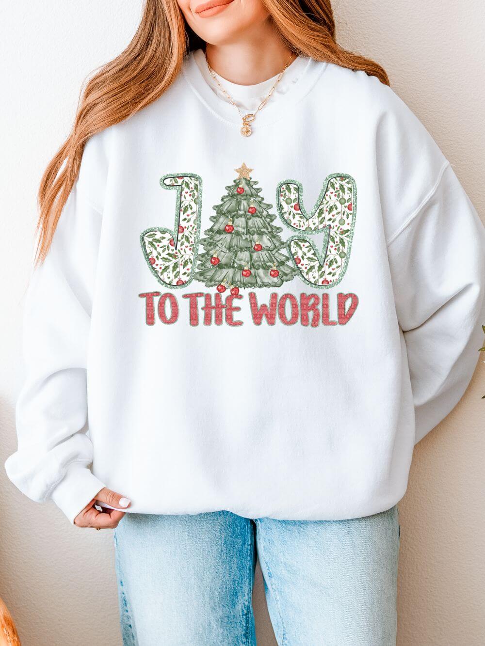 Joy to the World Heavy Blend Unisex Crewneck Cozy Christmas Tree Sweatshirt - Sydney So Sweet