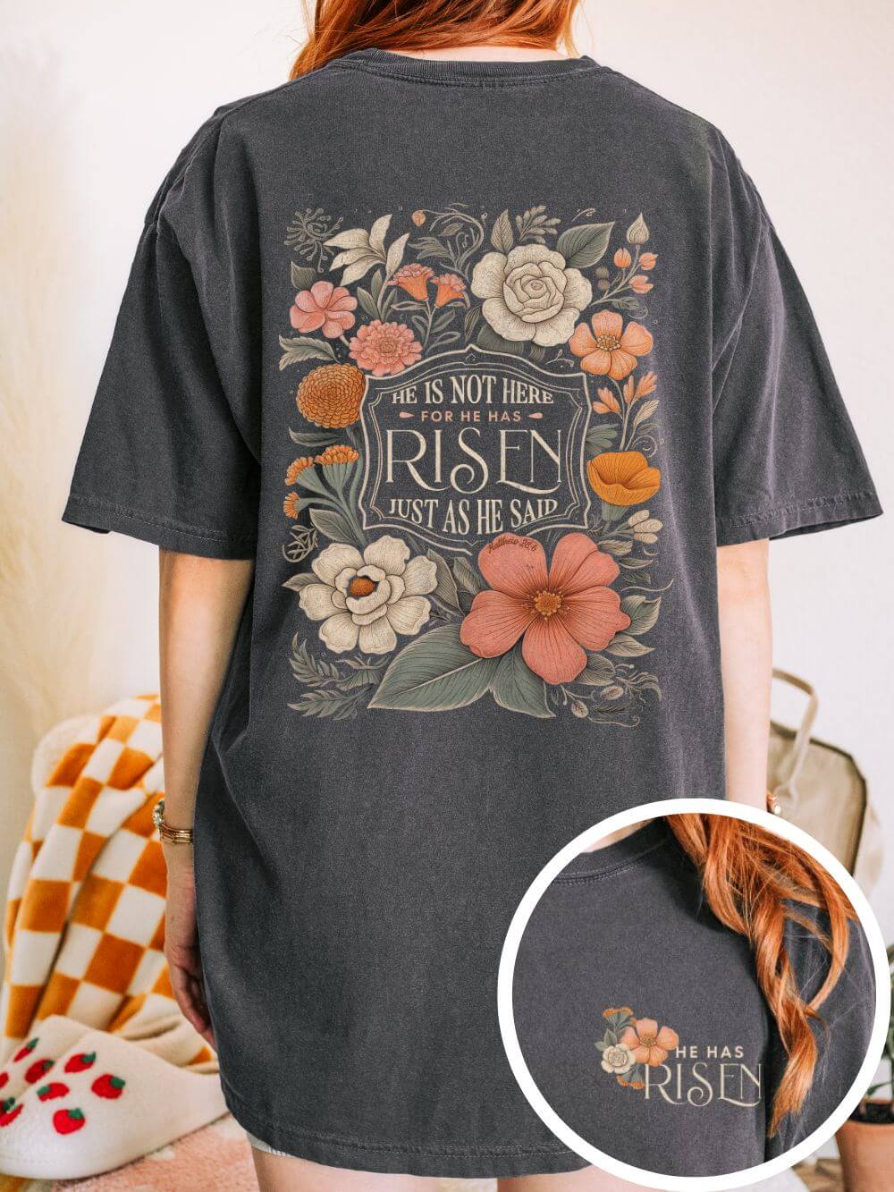 He Is Not Here T-Shirt Christian Faith Graphic Unisex Distressed Floral Easter Tee