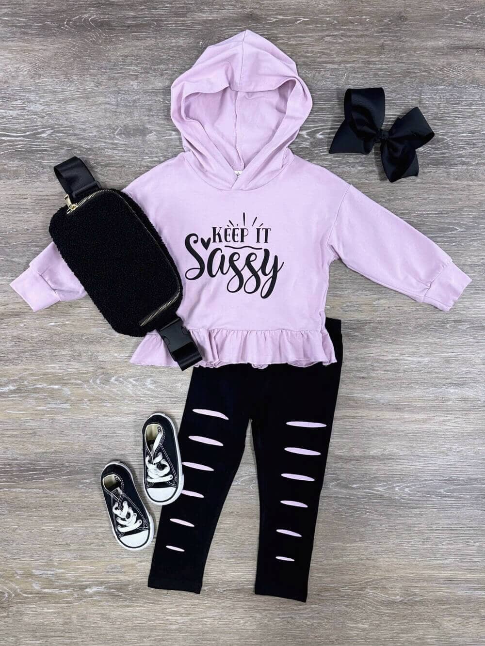 Keep It Sassy Pink Hoodie Distressed Leggings Girls Outfit