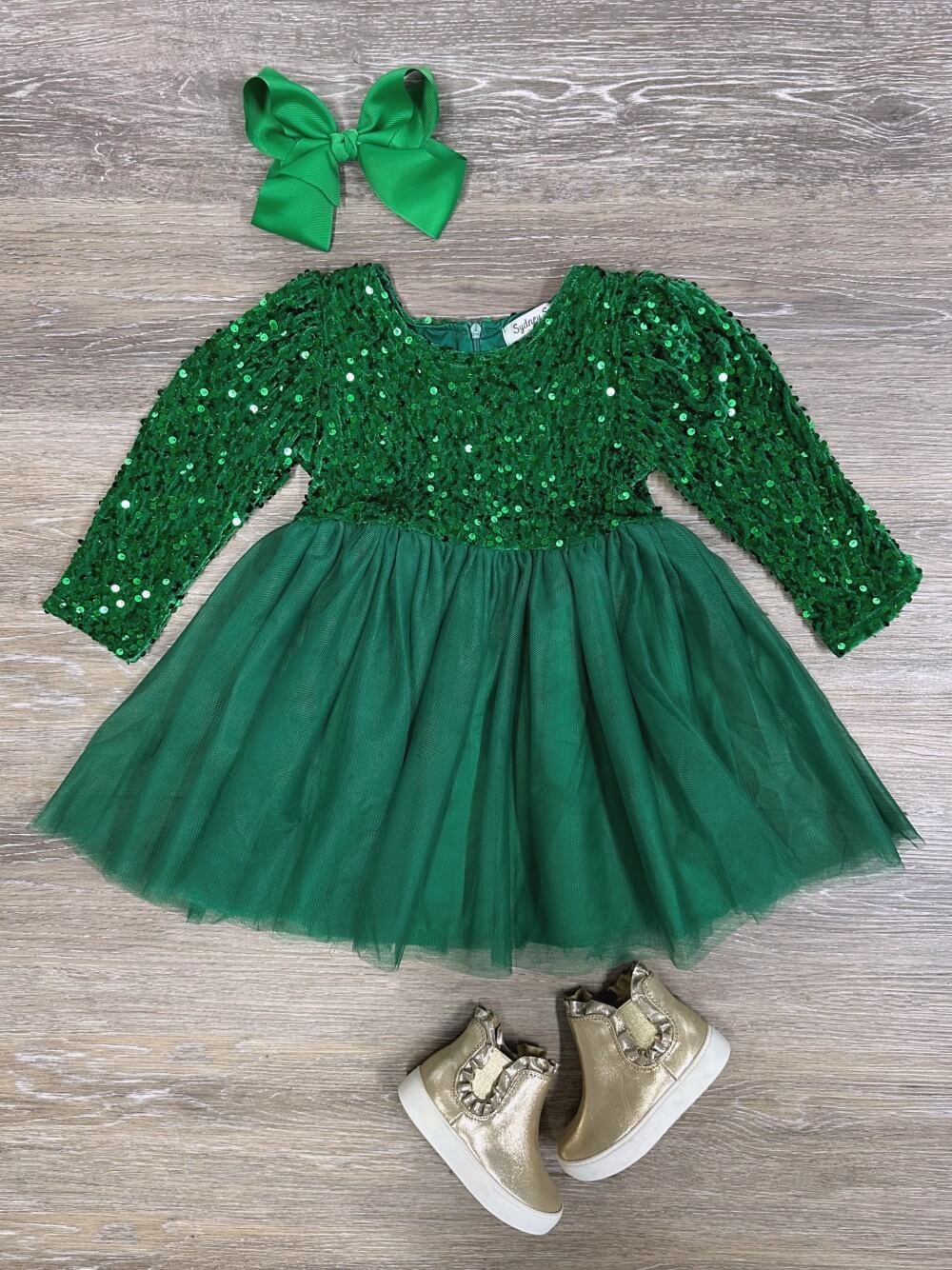 Kelly Green Sequin &amp; Velvet Girls Chiffon Tutu Dress - Sydney So Sweet