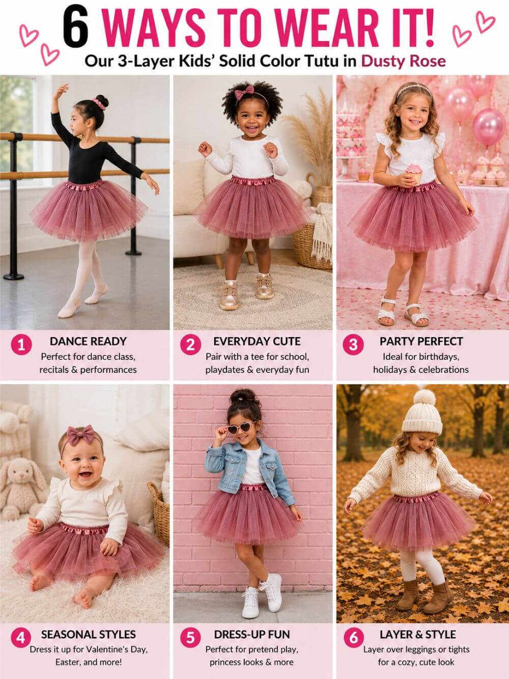 Dusty Rose Tutu Skirt for Girls – 3-Layer Tulle Ballet, Dance, and Dress-Up Costume Skirt