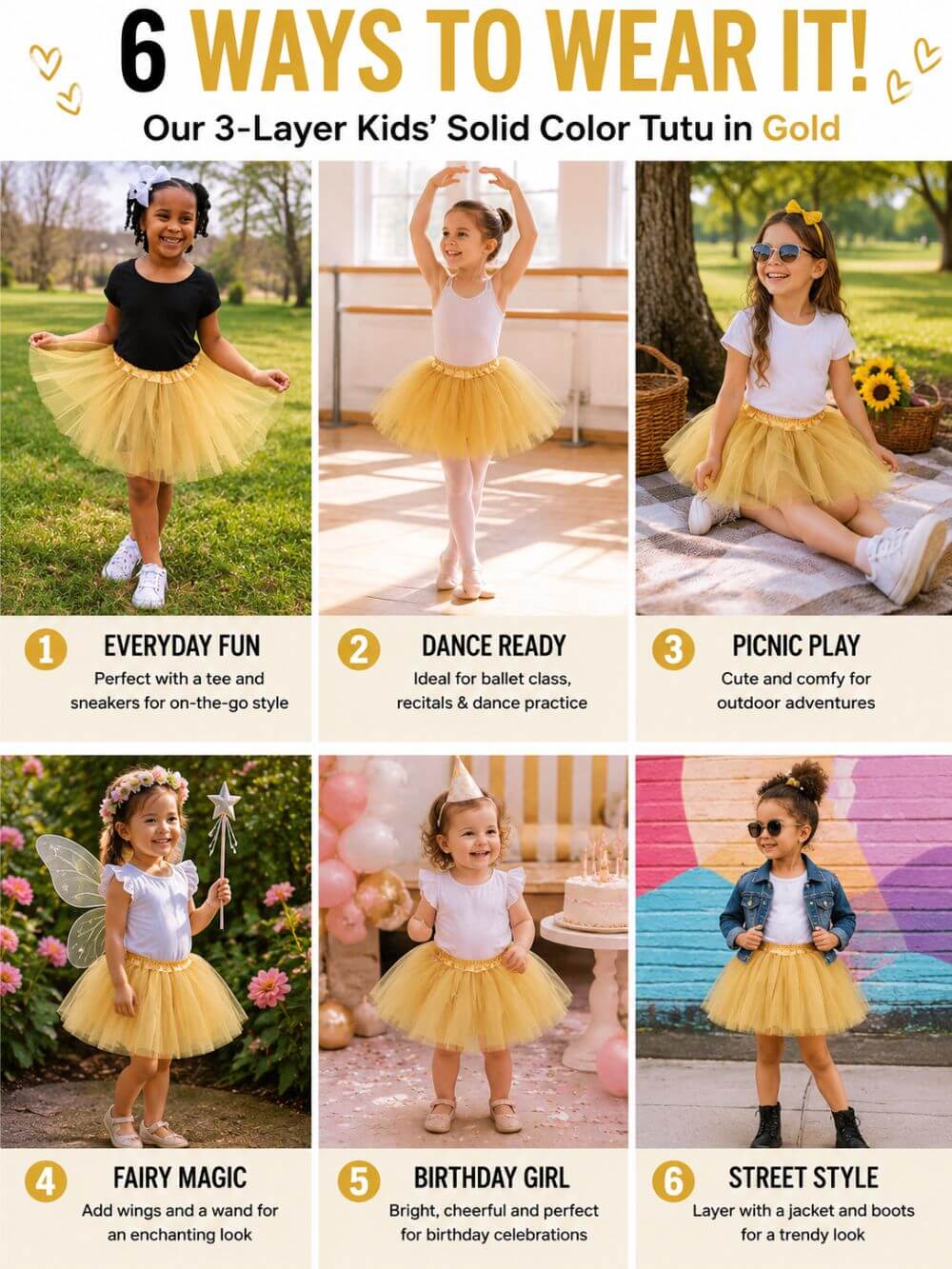 Gold Tutu Skirt for Girls – 3-Layer Tulle Ballet, Dance, and Dress-Up Costume Skirt