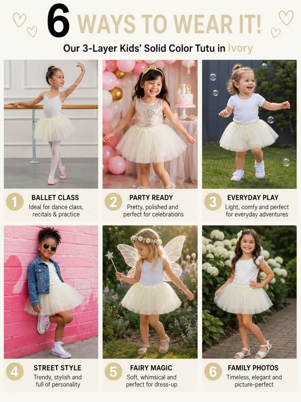 Ivory Tutu Skirt for Girls – 3-Layer Tulle Ballet, Dance, and Dress-Up Costume Skirt