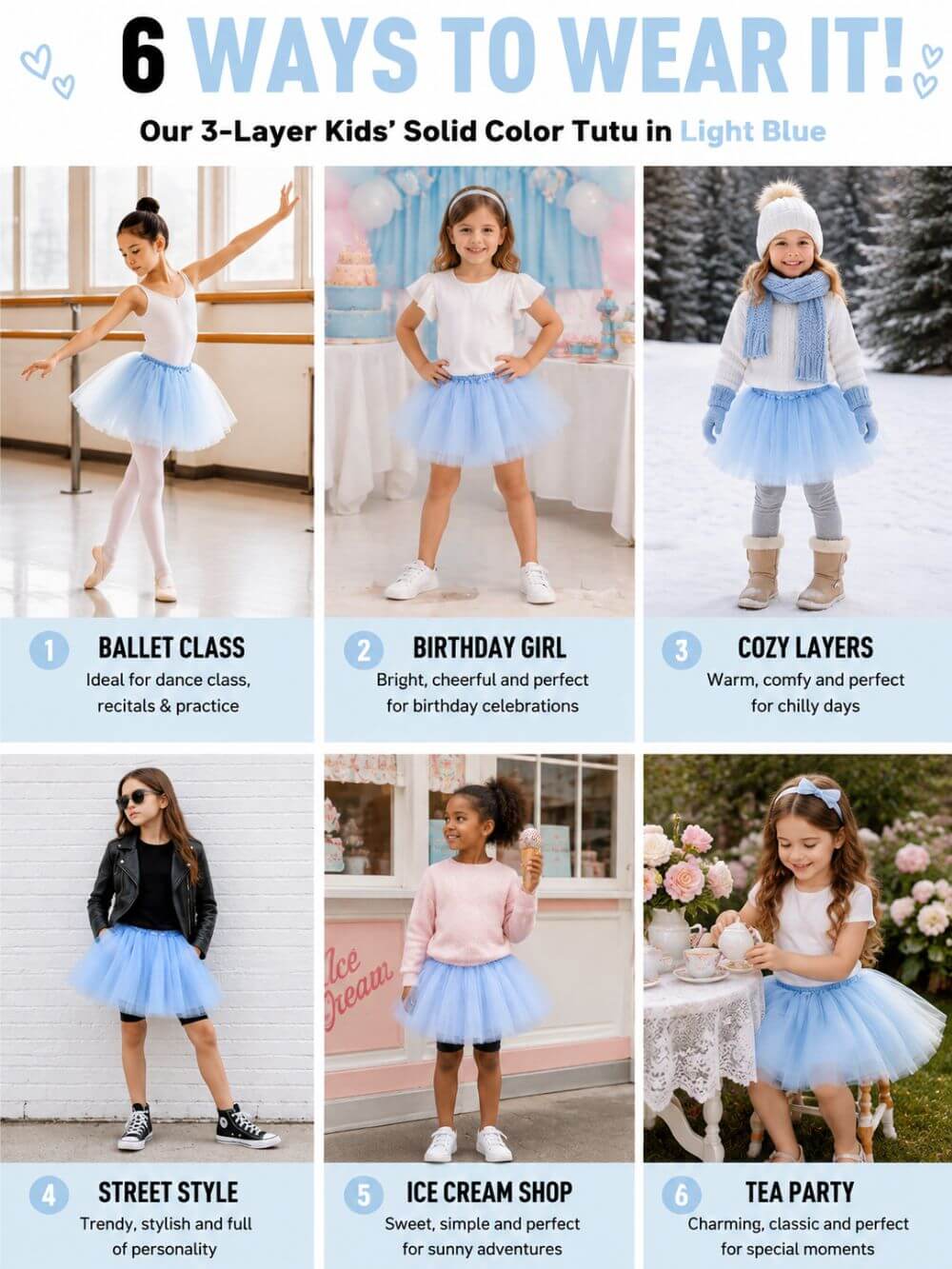Light Blue Tutu Skirt for Girls – 3-Layer Tulle Ballet, Dance, and Dress-Up Costume Skirt