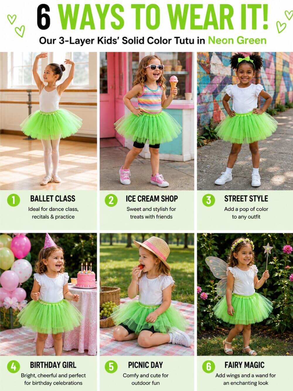Neon Green Tutu Skirt for Girls – 3-Layer Tulle Ballet, Dance, and Dress-Up Costume Skirt