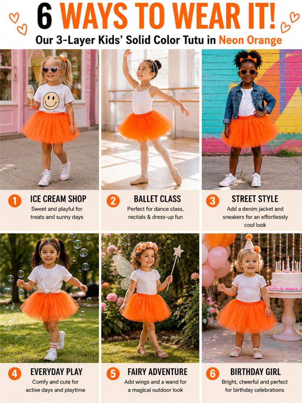Neon Orange Tutu Skirt for Girls – 3-Layer Tulle Ballet, Dance, and Dress-Up Costume Skirt