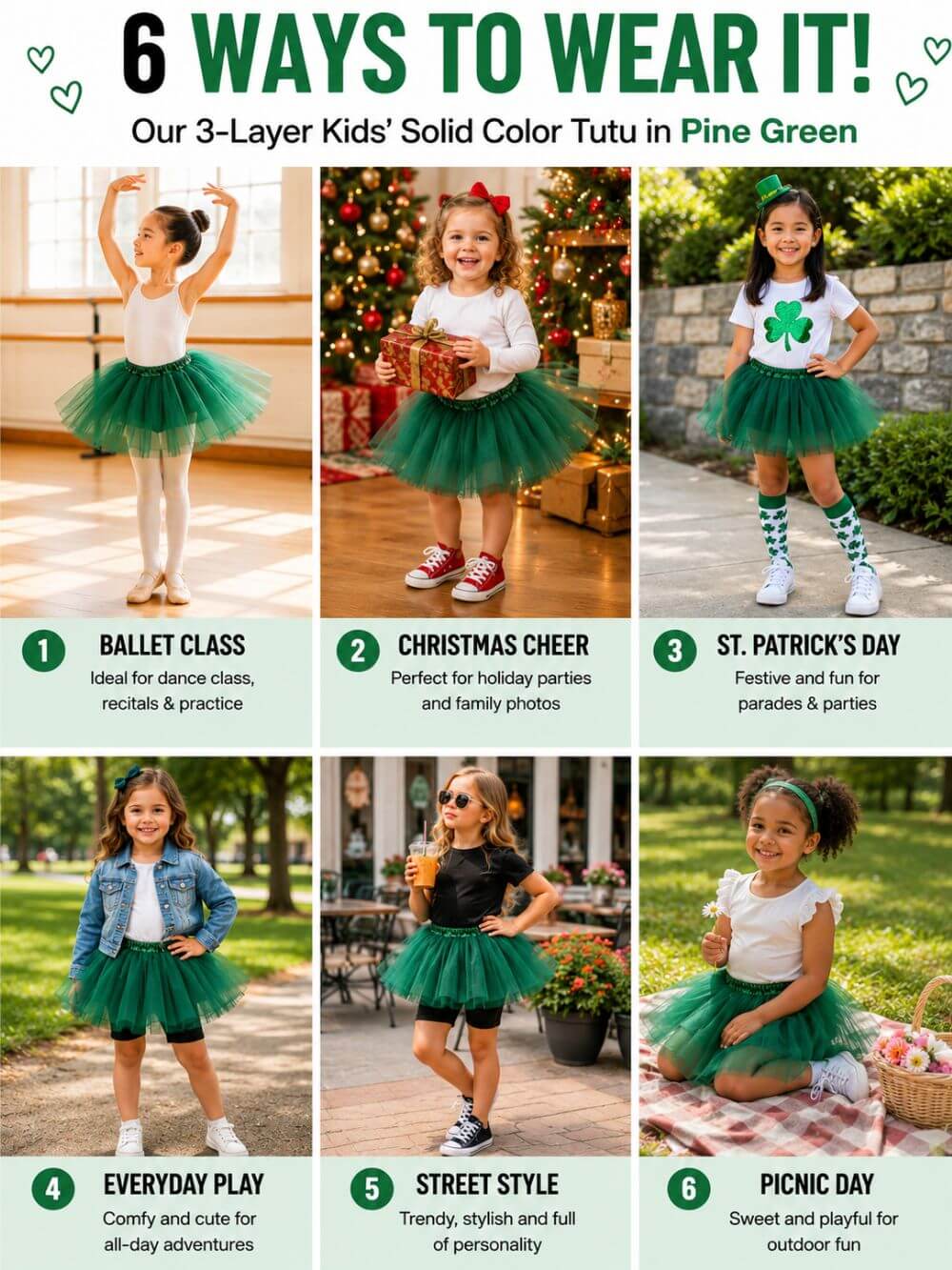 Pine Green Tutu Skirt for Girls – 3-Layer Tulle Ballet, Dance, and Dress-Up Costume Skirt