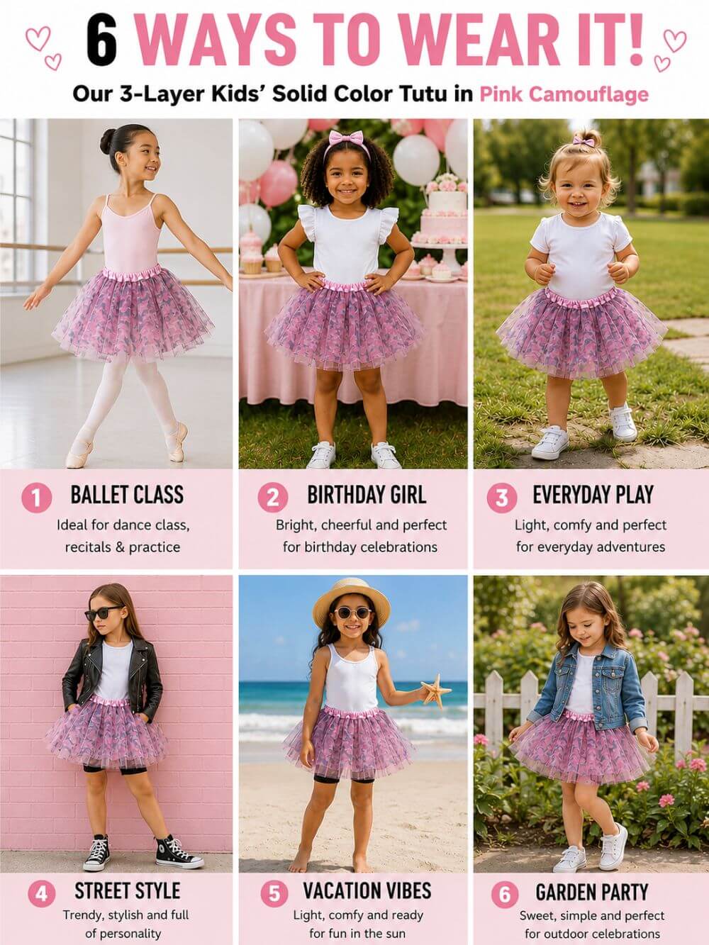 Pink Camo Camouflage Tutu Skirt for Girls – 3-Layer Tulle Ballet, Dance, and Dress-Up Costume Skirt