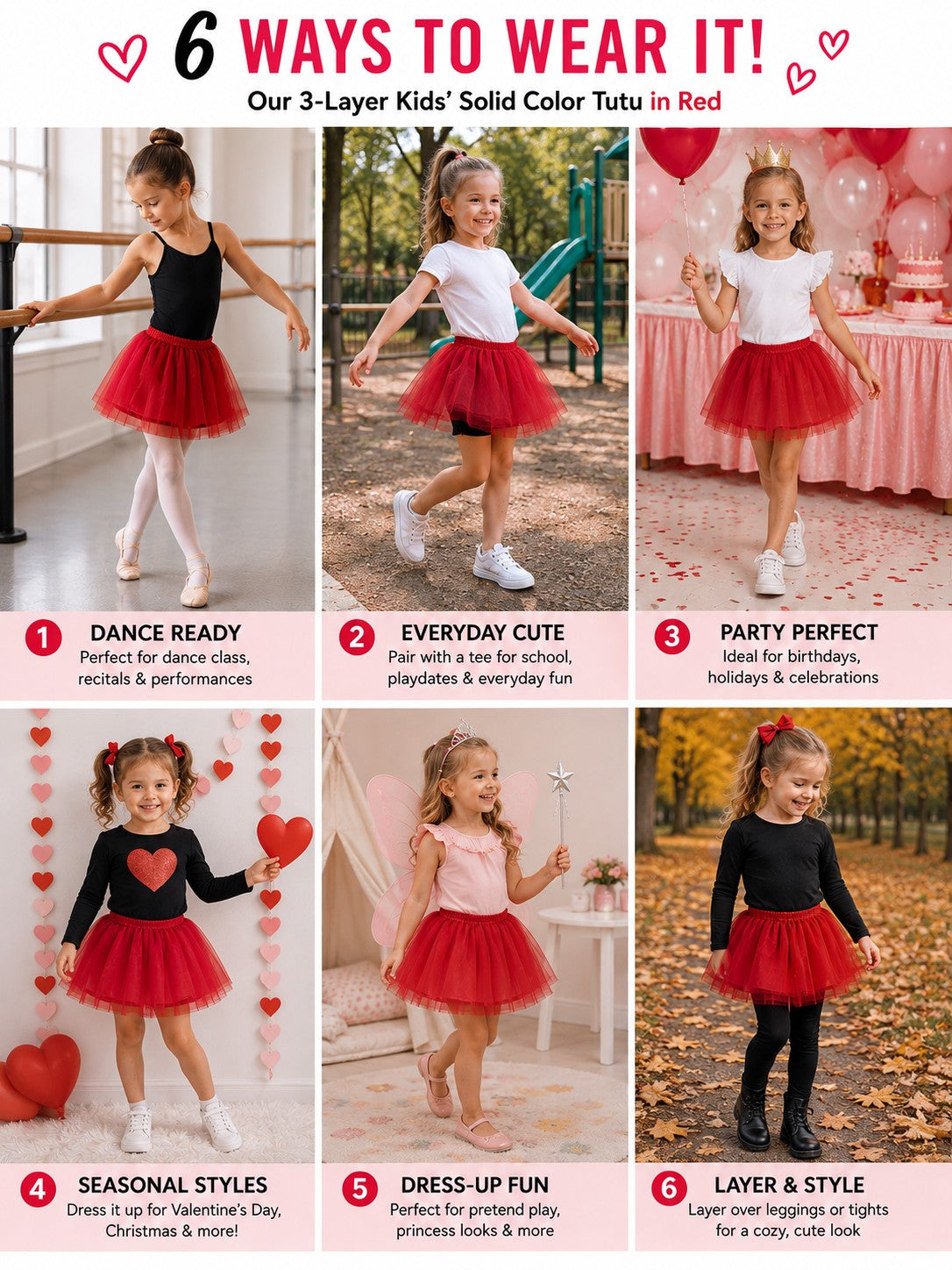 Red Tutu Skirt for Girls – 3-Layer Tulle Ballet, Dance, and Dress-Up Costume Skirt
