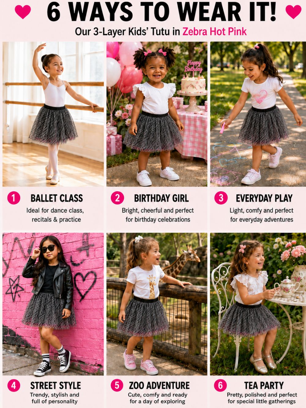 Zebra Hot Pink Tutu Skirt for Girls – 3-Layer Tulle Ballet, Dance, and Dress-Up Costume Skirt