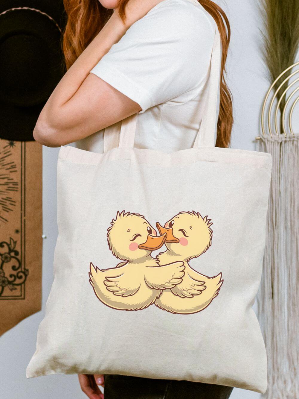 Kissing Ducklings Cute Animal Cotton Canvas Tote Bag