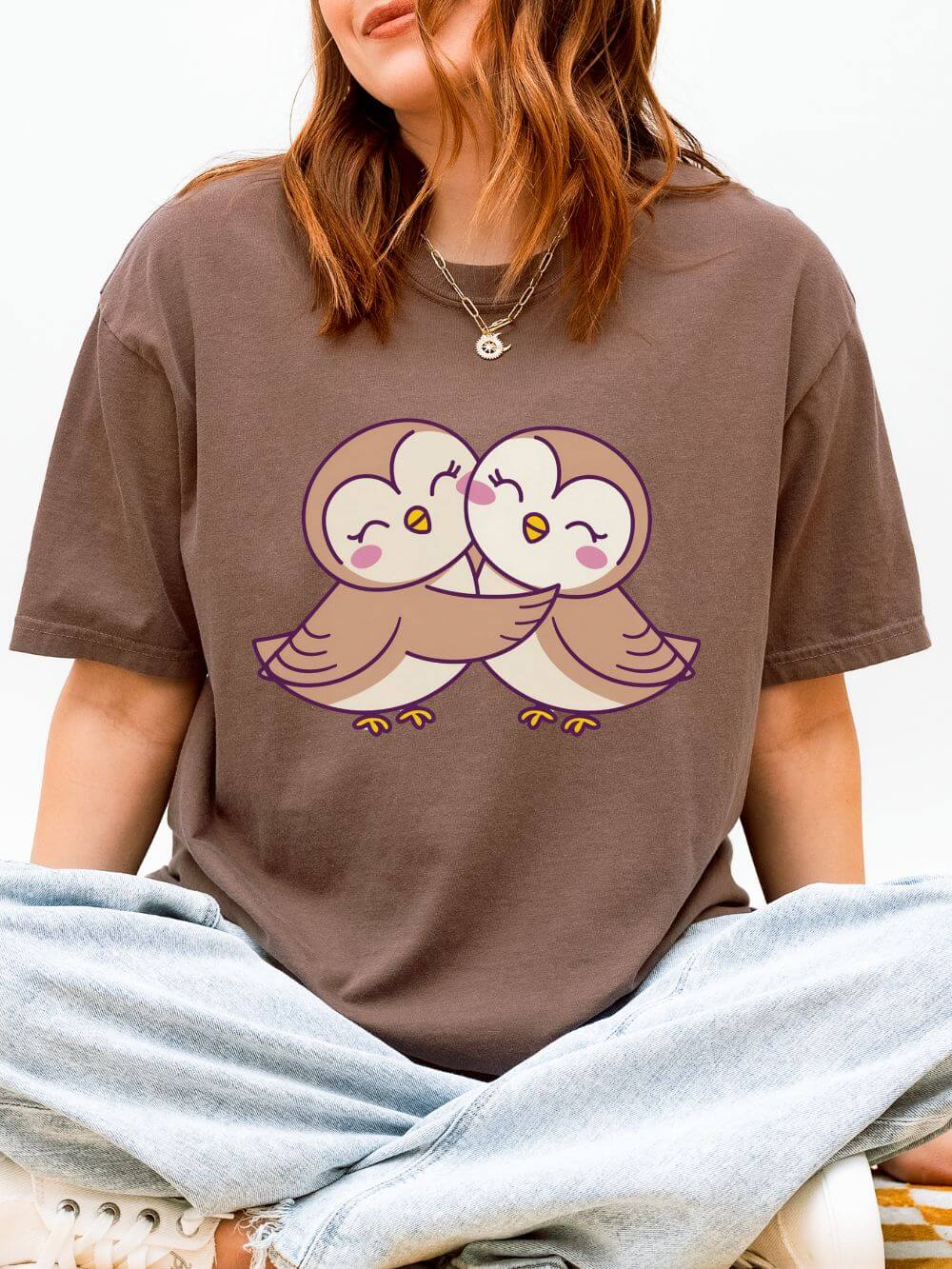 Cute Kissing Owls Graphic T-Shirt Unisex Short Sleeve Tee - Sydney So Sweet