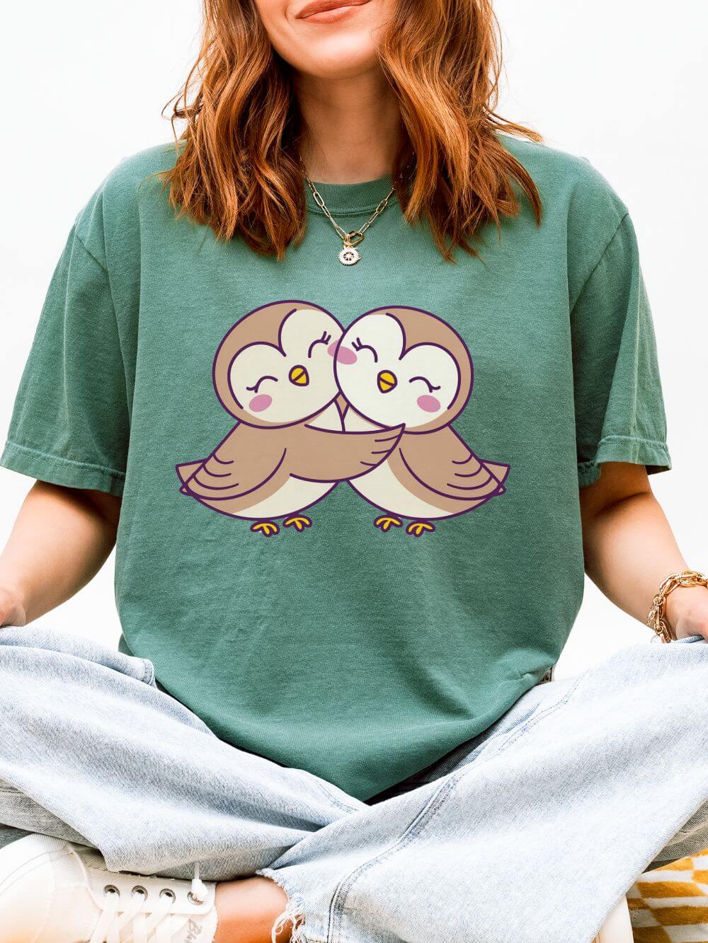 Cute Kissing Owls Graphic T-Shirt Unisex Short Sleeve Tee - Sydney So Sweet
