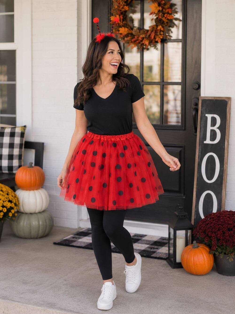 Women's Ladybug Costume Set for Adults & Plus Size – Polka Dot Tutu Skirt, Ladybug Antennae Headband – Halloween & Cosplay Outfit
