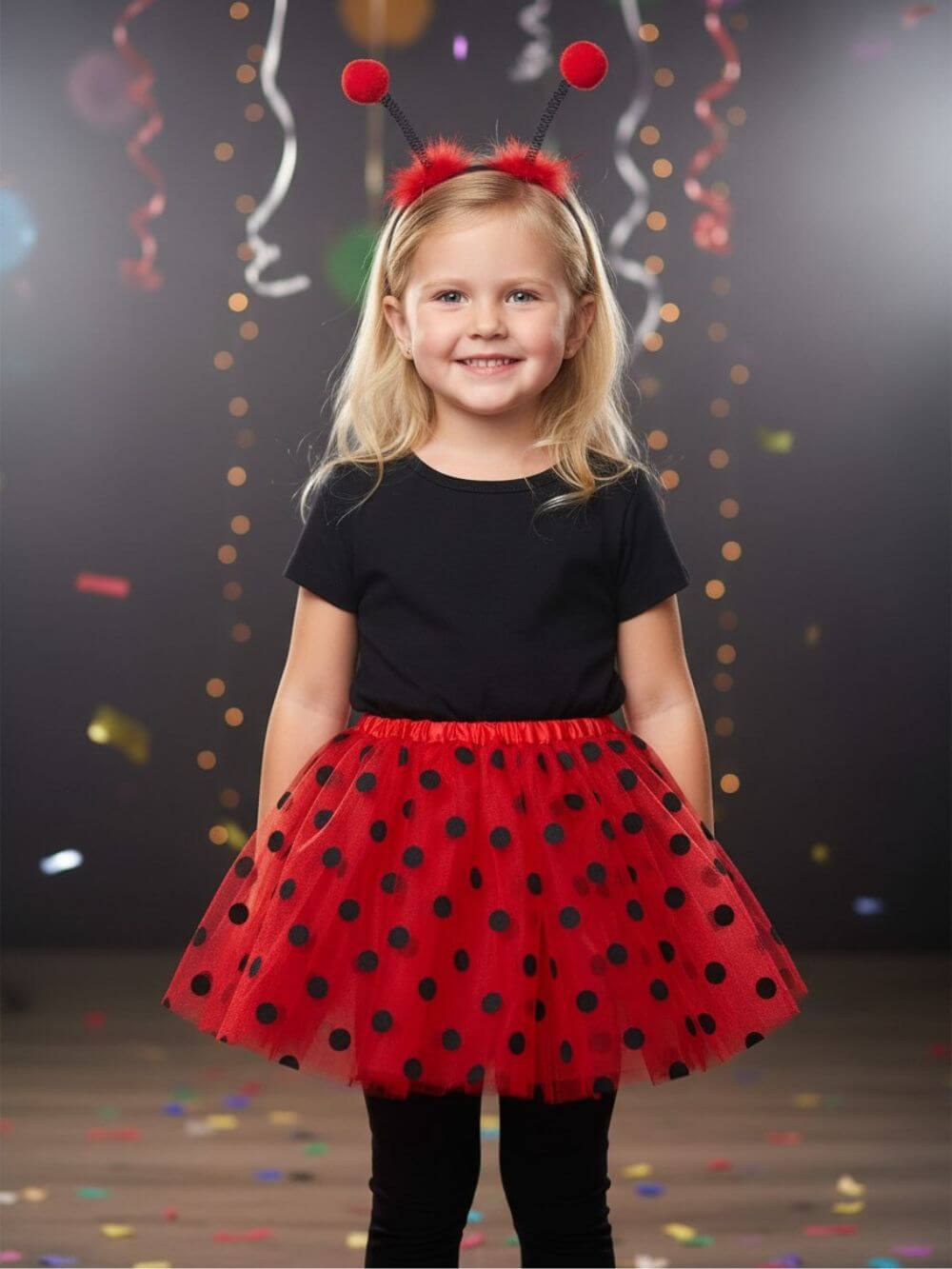 Girls Ladybug Costume - Complete Kids Costume Set with Polka Dot Tutu Skirt & Antenna Headband