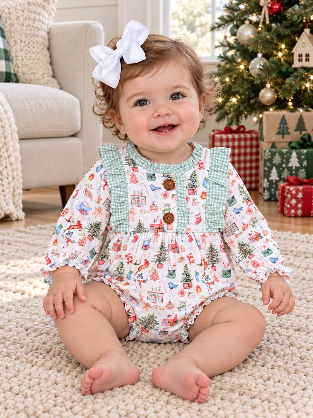 Little Christmas Things Gingham Ruffle Baby Bubble Romper