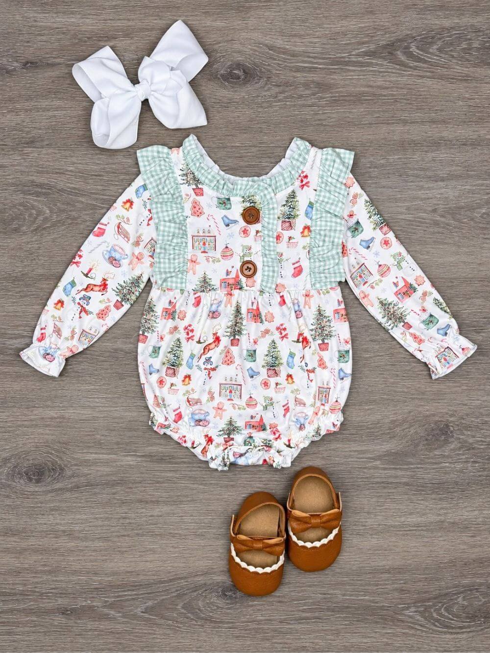 Little Christmas Things Gingham Ruffle Baby Bubble Romper