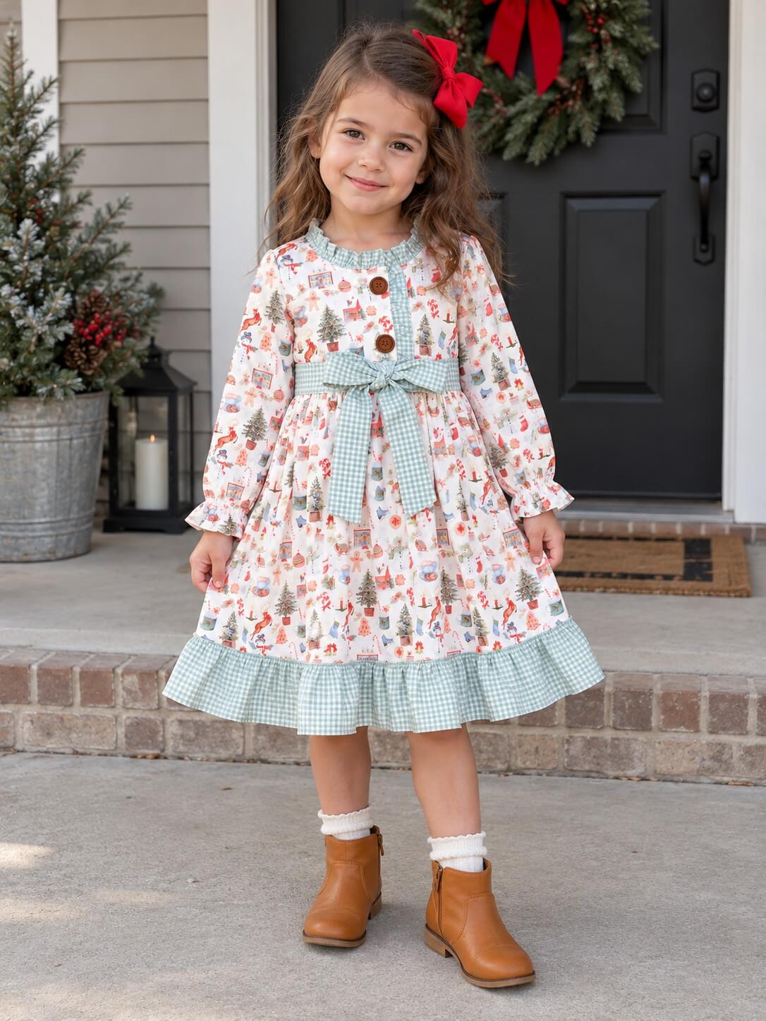 Little Christmas Things Gingham Ruffle Trim Girls Dress