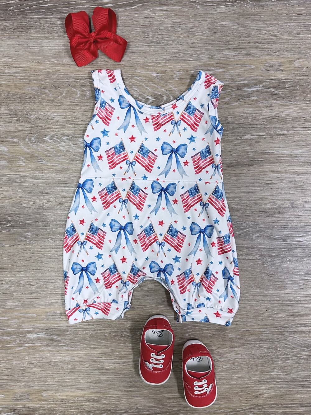Little Firecracker Coquette Flag Bow Baby Romper - Sydney So Sweet
