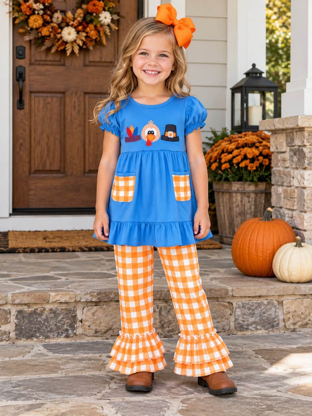 Little Miss Thankful Gingham Plaid Girls Thanksgiving Outfit