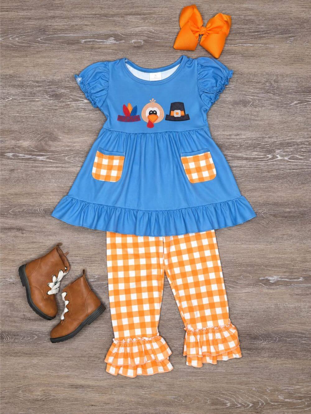 Little Miss Thankful Gingham Plaid Girls Thanksgiving Outfit