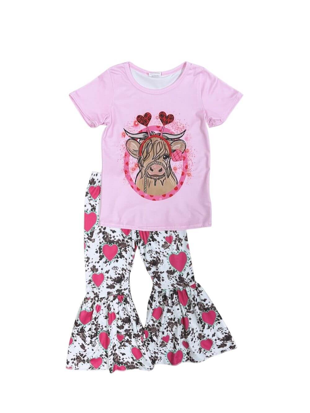 Little Moo Love Highland Cow Girls Flare Pants Outfit
