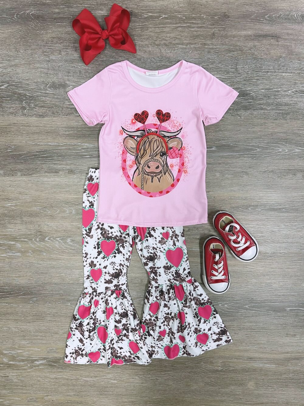 Little Moo Love Highland Cow Girls Flare Pants Outfit
