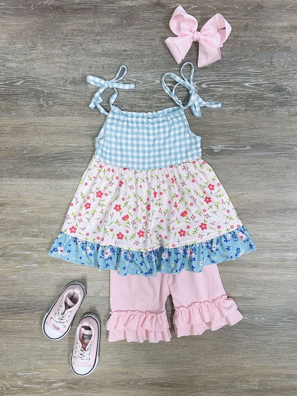 Little Picnic Floral & Gingham Girls Shorts Outfit