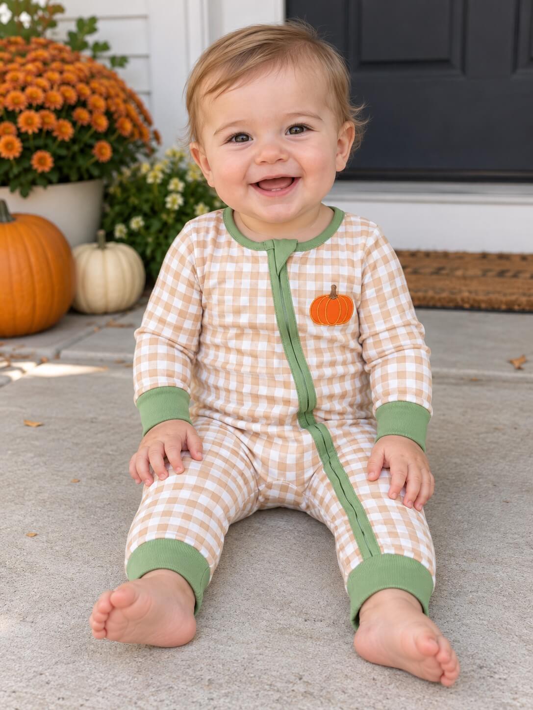 Little Pumpkin Fall Gingham Baby Zip Up Baby Romper