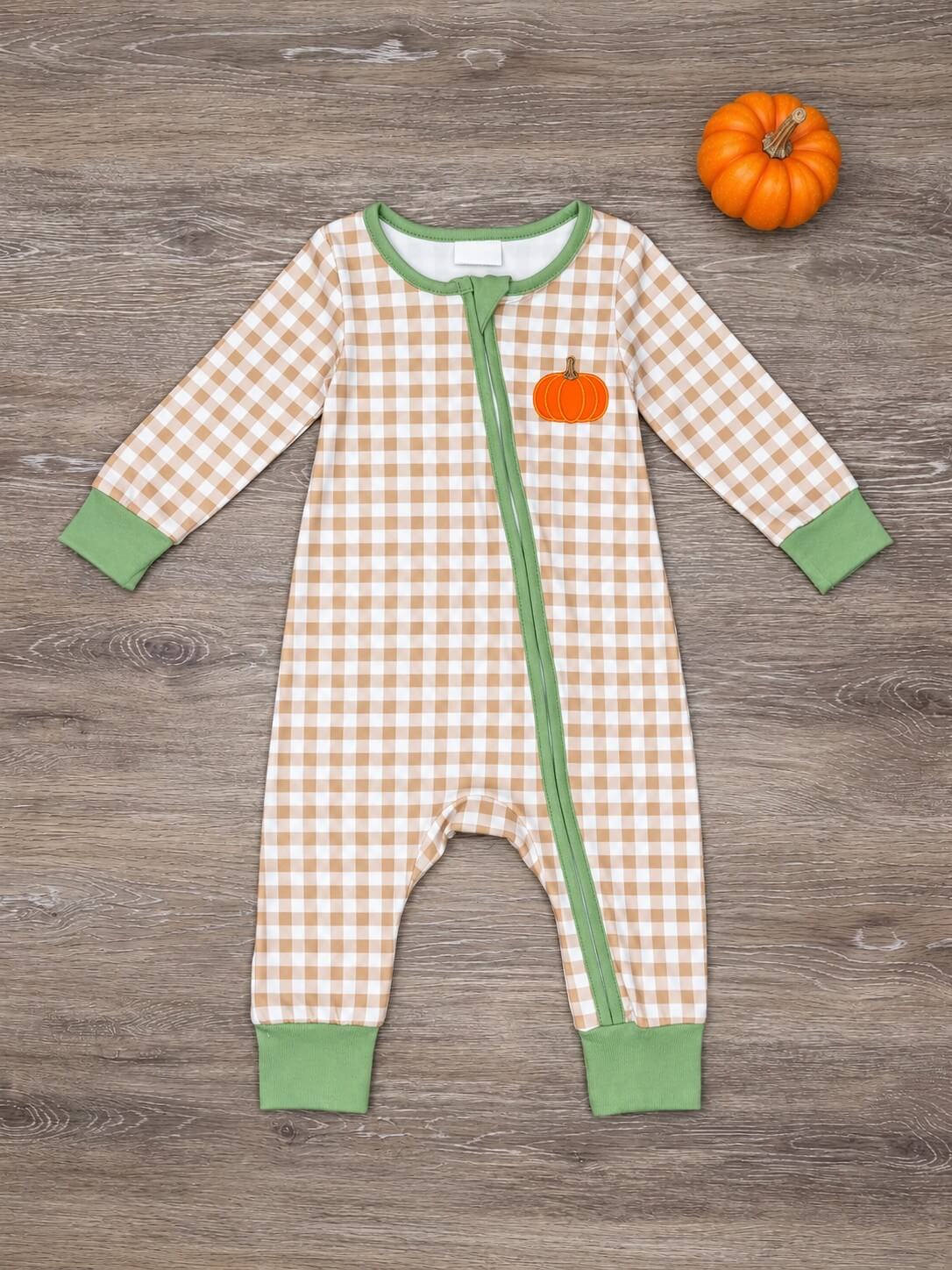 Little Pumpkin Fall Gingham Baby Zip Up Baby Romper