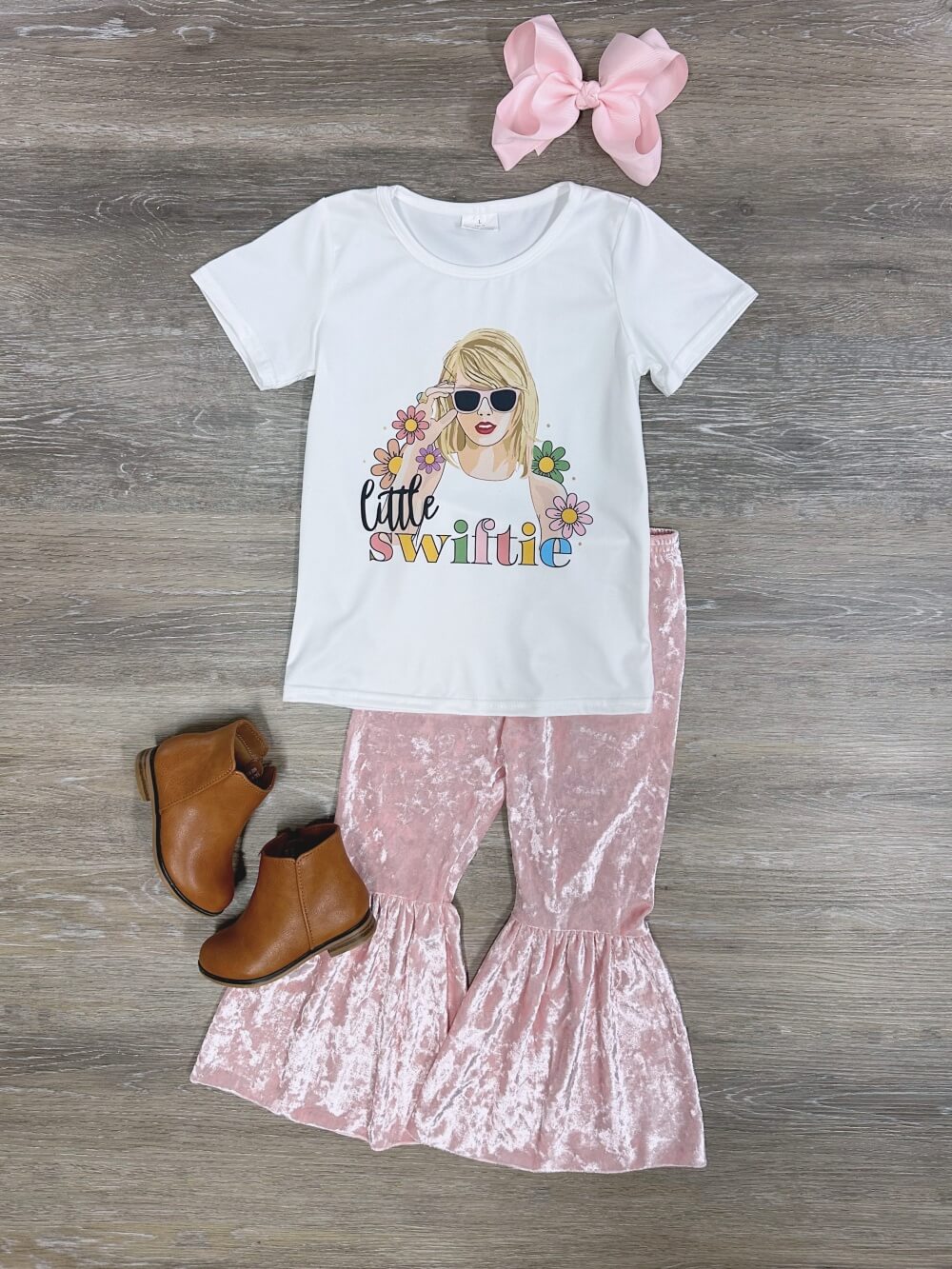 Little Swiftie Flower Power Girls Pink Velvet Bell Bottoms Outfit - Sydney So Sweet